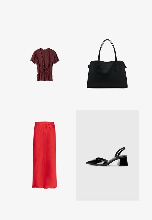 Haut bordeaux à manches courtes avec un décolleté en V profond, taille à cordon froncé et tissu légèrement texturé. Ourlet évasé avec des accents en volants.; Jupe maxi rouge en tissu léger, dotée d'une taille élastique et d'un design fluide et lisse. Sans motifs ni embellissements.; Escarpins en cuir verni noir avec bout pointu et talon bloc géométrique. Présente un design élégant et minimaliste ainsi qu'une texture lisse.; Sac à main en cuir noir avec deux anses, de forme rectangulaire et au design minimaliste sur un fond blanc.