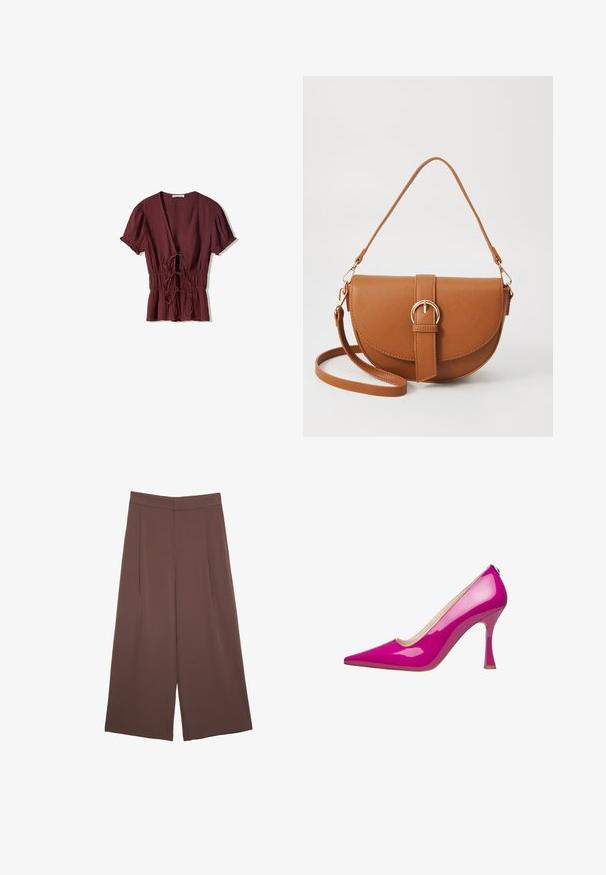 Bordowa bluzka z krótkim rękawem o głębokim dekolcie w kształcie litery V, zebrana w talii za pomocą sznurka i lekko teksturowana. Rozszerzający się dół z falbanami.; Brązowe spodnie o szerokich nogawkach z gładką fakturą, z wysokim stanem i plisami z przodu. Materiał jest lekki i luźno opada.; Różowe lakierowane szpilki z ostrym noskiem i smukłym obcasem w stylu stiletto. Gładka tekstura z błyszczącym wykończeniem.; Brązowa skórzana torba na ramię o zaokrąglonym kształcie, ze złotymi akcentami i zapięciem w formie klamry. Posiada odpinany pasek na ramię.