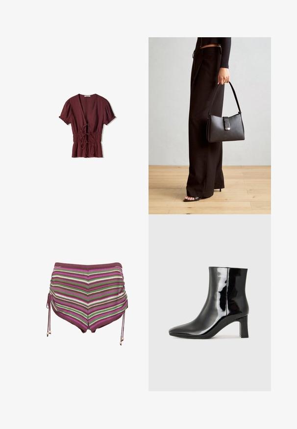 Burgundska majica s kratkimi rokavi in globokim V-izrezom, zategnjen pas z vrvico in rahlo teksturirano tkanino. Širši rob s nabranimi detajli.; Kostimske kopalne hlače z navpičnimi črtami v odtenkih roza, zelene in rjave barve. Imajo vrvico na straneh in mehko, raztegljivo tkanino.; Črne lakirane gležnjarje z ošiljenim nosom in srednje visokim blokastim peto. Gladka tekstura in minimalističen dizajn.; Črna torbica z strukturirano obliko, gladko teksturo in kovinskim zaponko. Ujemajo se z širokimi črnimi hlačami in odprtimi sandali na lesenem tleh.