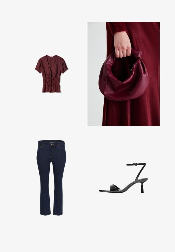Burgunderfarvet kortærmet top med dyb V-hals, samlet snoreliv og let struktureret stof. Flared søm med rynkede detaljer.; Blå denimjeans med lige ben, der har fem lommer, kontrasterende syninger og en metalknaplukning i taljen.; Bershka Højhælede sandaletter / Højhælede sandaler - black; Bordeaux læderhåndtaske med et blødt, samlet design og en rund form. Håndtaget er sikret og viser en glat tekstur.