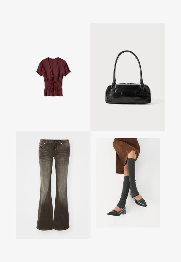 Top corto bordeaux a maniche corte con scollatura a V profonda, vita arricciata con lacci e tessuto leggermente testurizzato. Orlo svasato con dettagli volant.; Jeans a zampa d'elefante in tessuto grigio scuro con finitura sbiadita. Presenta cinque tasche, chiusura con bottone frontale e dettagli di cucitura discreti.; Scarpe nere in pelle verniciata con punta affilata, tacco a blocco e cinturino alla caviglia, abbinate a scaldamuscoli grigi a coste e una gonna in suede marrone.; Borsa a mano in pelle nera con forma rettangolare, dotata di un manico strutturato singolo, con hardware argentato e chiusura con zip. Texture liscia.
