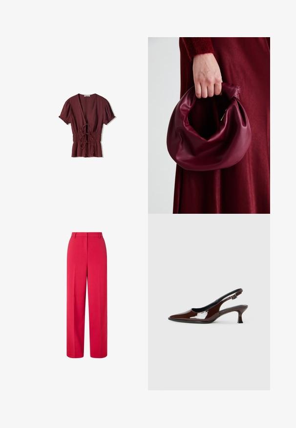 Burgundska majica s kratkimi rokavi in globokim V-izrezom, zategnjen pas z vrvico in rahlo teksturirano tkanino. Širši rob s nabranimi detajli.; Rdeče hlače širokega kroja z visokim pasom, z zankami za pas in skritim sprednjim zapiranjem na belem ozadju.; Rjavi lakirani slingback čevelj z ostro konico in zmerno peto. Ima zaponko za varno prileganje. Gladka tekstura.; Bordo usnjeni ročni torbici s mehak, nabrana zasnova in okrogla oblika. Ročaj je varen in prikazuje gladko teksturo.
