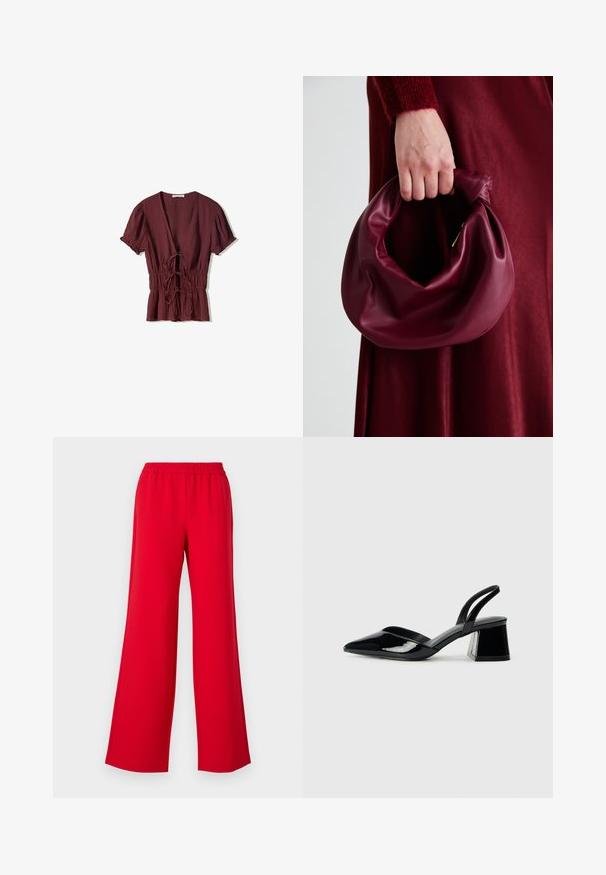 Burgundi rövid ujjú felső mély V-nyakkal, összegyűrt, húzózsinórral ellátott derékkal és enyhén textúrált anyaggal. Harang alakú alsó szegély ráncos díszítéssel.; Piros, széles lábú nadrág rugalmas derekkal, sima, könnyű anyagból készült. A dizájn nem tartalmaz látható fémgyűrűket vagy mintákat.; Fekete lakk bőr szandálkés magas sarkú cipő, hegyes orral és geometrikus tömbsarkakkal. Karcsú, minimalista dizájn és sima textúra jellemzi.; Burgundi bőrtáska puhán ráncolt dizájnnal és kerek alakban. A fogantyú rögzítve van, sima textúrával rendelkezik.