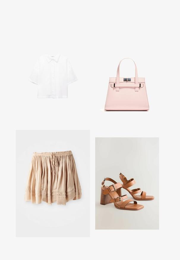 Weißes kurzärmeliges Hemd aus Baumwolle mit einem klassischen Kragen, vorderem Knopfverschluss und einem lockeren Schnitt. Glatte Textur ohne Muster.; Heller beiger, gestufter Rock aus weichem Stoff mit elastischem Bund und verstellbarem Kordelzug, der dezente Falten und genähte Akzente aufweist.; Braune Leder-High-Heel-Sandalen mit mehreren Riemen, goldenen Hardware-Elementen und einem schrägen Blockabsatz. Glatte Textur, offenes Zehen-Design.; Rosa strukturierte Handtasche aus strukturiertem Leder mit zwei Obergriffen, einem Klappverschluss und kontrastierenden Metallelementen.