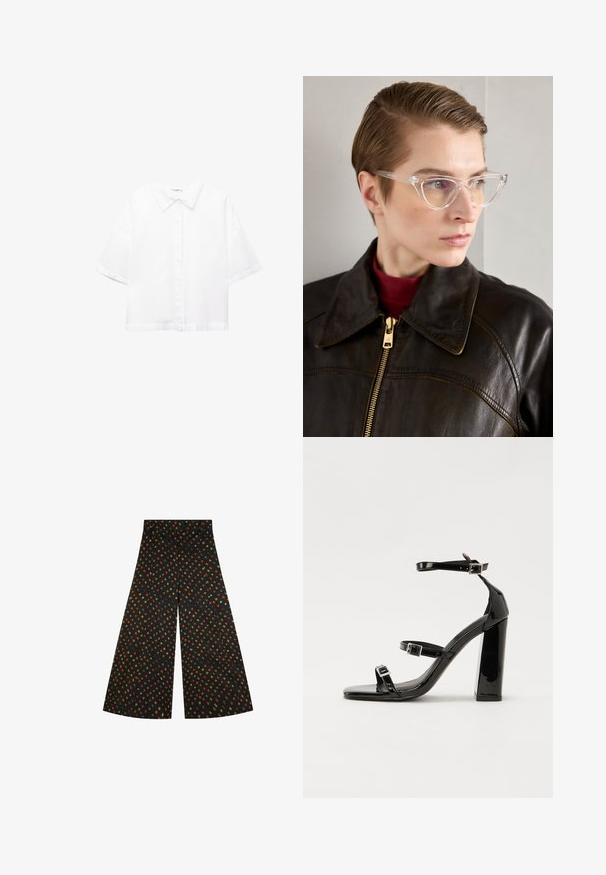 Hvid kortærmet skjorte lavet af bomuld med klassisk krave, lukning med knapper foran og en afslappet pasform. Glat tekstur uden mønstre.; Bredde bukser i sort stof med et helfarvet geometrisk mønster i orange, grønne og gule former. Glat tekstur, høj talje.; Sorte patenterede hælsandaler med firkantet tå, ankelremme og sølvspænder. Har en chunky blokHæl for stabilitet.; Klare acetat katteøje-briller med gule tonede linser, båret af en person i en mørk læderjakke og rød turtleneck. Glat tekstur.; Sort læderhåndtaske med en buet form, aftagelig rem og guldfinish. Tasken har en klap med en spænde detalje.