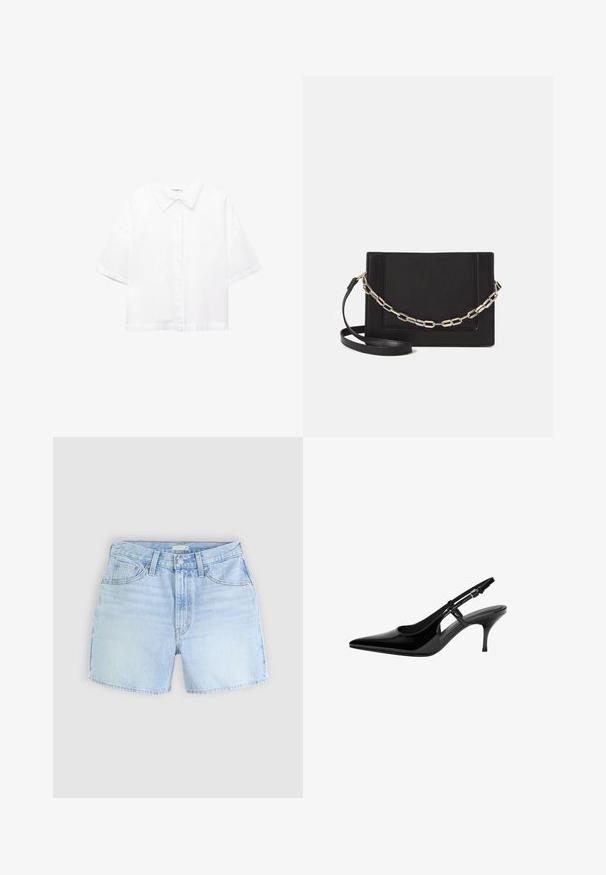 Fehér, rövid ujjú, klasszikus galléros pamut ing, elöl gombos záródással és laza szabással. Simás textúra, minta nélkül.; Világoskék farmer sort, öt zsebbel, gombos záródással és enyhén rojtos szegéllyel. Az anyag puha, textúrált megjelenésű.; Fekete lakk bőr slingback magassarkú cipő, hegyes orral, nyitott oldalvágásokkal, karcsú sarokkal és állítható boka pánttal.; Fekete bőr keresztpántos táska, sima textúrával, téglalap alakú és fém lánc részlettel az elején. Állítható pánttal ellátva.