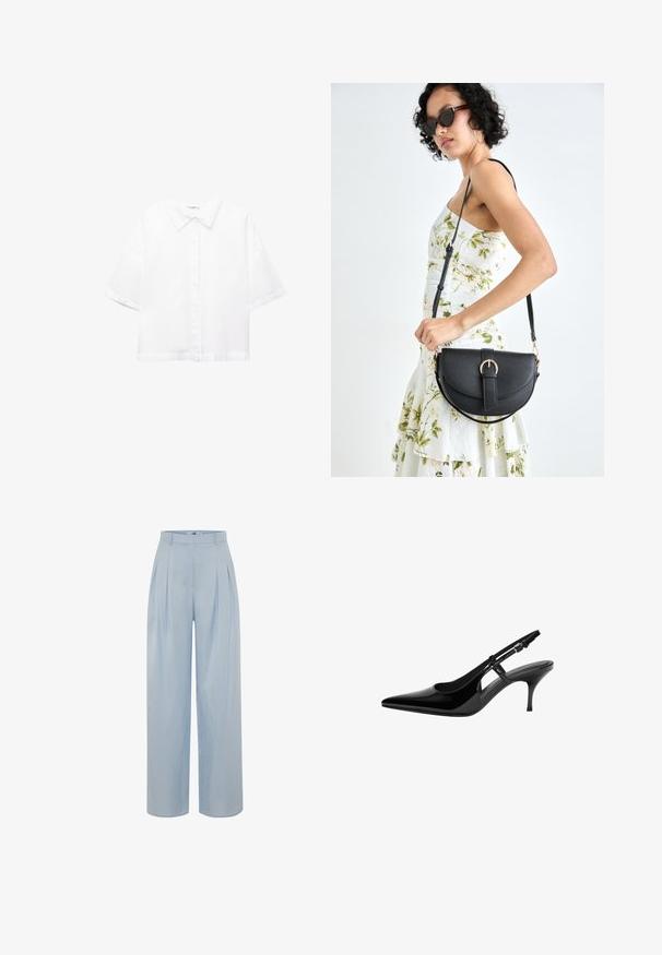 Bílá košile s krátkým rukávem vyrobená z bavlny, s klasickým límečkem, zapínáním na knoflíky vpředu a volným střihem. Hladká textura bez vzorů.; adL IRENE - Kalhoty - blue; Černé lakované kožené lodičky typu slingback s špičatou špičkou, otevřenými bočními výřezy, štíhlým podpatkem a nastavitelným páskem kolem kotníku.; Černá kožená kabelka s křivkovým tvarem, odnímatelným popruhem a zlatými detaily. Kabelka má klopu s přezkou.