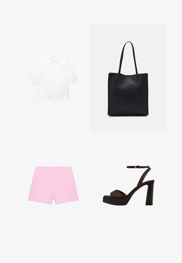 Cămașă albă cu mâneci scurte, din bumbac, cu un guler clasic, închidere frontală cu butoane și o croială lejeră. Textură netedă, fără modele.; Shorts roz, croiți cu atenție, cu o textură netedă, având un design structurat și linii curate. Croiul este drept și se află deasupra genunchiului.; Sandal cu toc înalt din suede maro, cu vârf deschis, curea ajustabilă la gleznă și talpă cu dungi.; Geantă tote neagră din piele, cu textură netedă, formă rectangulară și două mânere lungi. Fără hardware vizibil sau ornamente.
