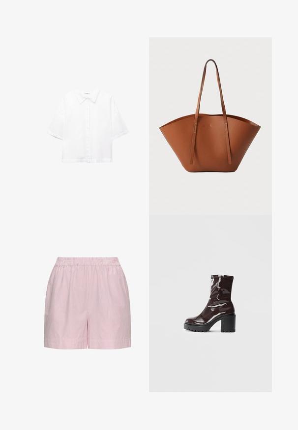 Witte kortek Mouwen Katoenen Overhemd met een klassieke kraag, voorkant knoopsluiting en een ontspannen pasvorm. Gladde textuur zonder patronen.; Gestreepte shorts met een elastische tailleband, voorzien van roze en witte verticale strepen, gemaakt van lichte stof en afgewerkt met zijzakken.; Glanzende bordeauxrode enkelboot met een chunky zwarte hak, met een gladde textuur en een eenvoudig ontwerp. Geen zichtbare sluitingen of patronen.; Bruine lederen totebag met een brede, gestructureerde vorm, dunne handvatten en een gestructureerde afwerking. Kenmerkt zich door een minimalistisch ontwerp zonder zichtbare hardware.