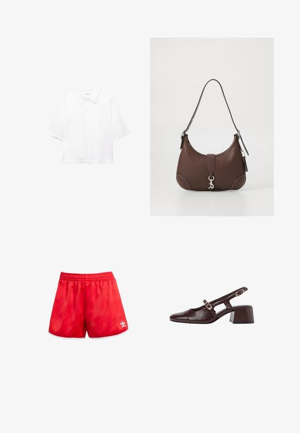 Bílá košile s krátkým rukávem vyrobená z bavlny, s klasickým límečkem, zapínáním na knoflíky vpředu a volným střihem. Hladká textura bez vzorů.; Červené sportovní šortky s elastickým pasem, bílým lemem na okraji a jemným leskem. Na spodní levé straně je bílé logo Adidas.; Hnědé kožené slingback podpatky se čtveratou špičkou, výřezovými stranami a blokovým podpatkem. Obsahuje přezku na kotníkovém pásku.; Hnědá kožená kabelka zaobleného tvaru, se stříbrnými doplňky a dekorativním prošíváním. Disponuje popruhem na rameno a zapínáním na klips.
