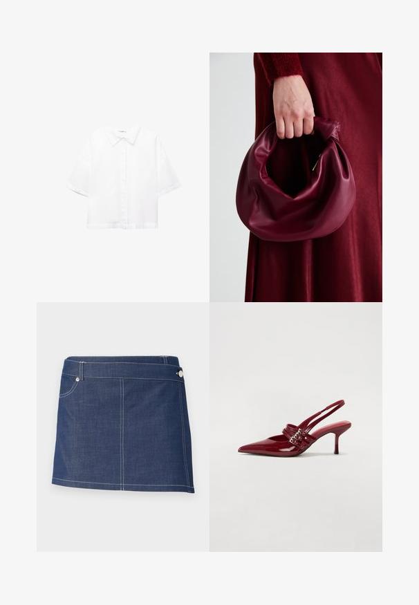 Hvid kortærmet skjorte lavet af bomuld med klassisk krave, lukning med knapper foran og en afslappet pasform. Glat tekstur uden mønstre.; Mørkeblåt denim miniskørt med hvid syning, der har en enkelt forlommer og en metalknaplukning ved taljen.; Røde patenteret læder slingback hæle med spids tå, to spændebånd og en slank, mellemhøj stiletto hæl. Glat tekstur.; Bordeaux læderhåndtaske med et blødt, samlet design og en rund form. Håndtaget er sikret og viser en glat tekstur.