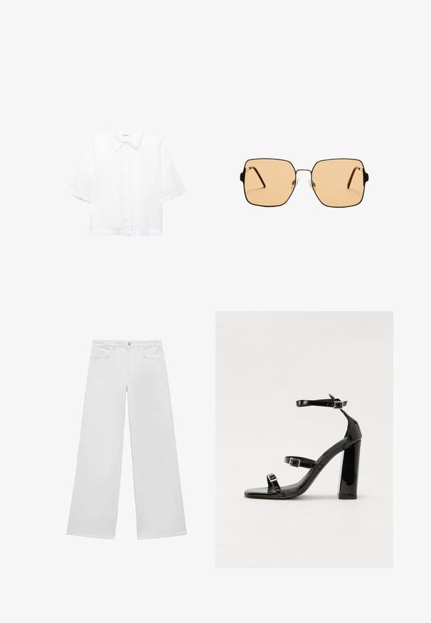 Camicia bianca a maniche corte in cotone con colletto classico, chiusura frontale con bottoni e vestibilità rilassata. Tessuto liscio senza motivi.; Jeans bianchi a gamba larga in denim con pancia piatta, due tasche frontali e chiusura con bottone, caratterizzati da una gamba dritta e senza motivi visibili.; Sandali con tacco alto in vernice nera con due cinturini con fibbia, punta quadrata e tacco spesso a blocco, caratterizzati da una texture liscia e lucida.; Occhiali da sole quadrati con lenti marroni e una sottile montatura in metallo nero. Presentano tempie angolari e naselli regolabili per il massimo comfort.