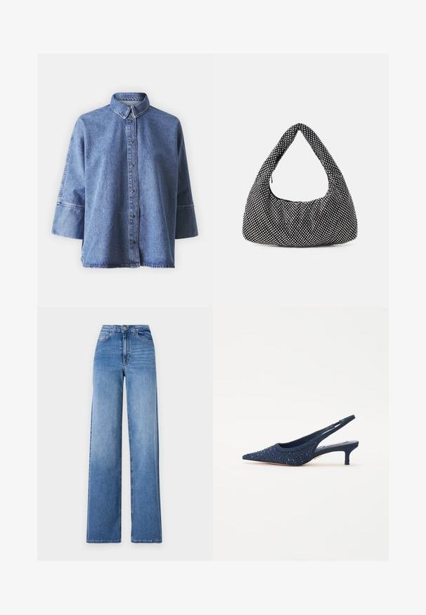 Denim shirt in light blue with long sleeves, pointed collar, front buttons, and a relaxed fit. Made of soft denim material.; Light blue wide-leg jeans made of denim, featuring a high waist, front pockets, and a standard button closure. Smooth texture.; Navy blue slingback shoe with a pointed toe, embellished with blue beads and a textured fabric upper; features a low, block heel.; Black bag with a curved, hobo shape, textured fabric featuring silver studs. Singular top handle, zip closure, and soft silhouette.