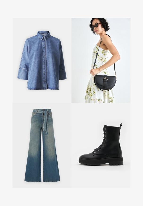 Chemise en denim bleu clair à manches longues, col pointu, boutons sur le devant et coupe décontractée. Fabriquée en denim doux.; Pantalons en denim à jambe large présentant un dégradé de bleu clair à bleu foncé, taille haute, passants de ceinture et une ceinture en tissu assortie. Finition en denim texturé.; Bottines noires à lacets, en cuir texturé, avec œillets en métal et une semelle plateforme robuste avec un tread en caoutchouc pour une meilleure adhérence.; Sac à main en cuir noir avec une forme courbée, bandoulière amovible et des accessoires en or. Le sac est doté d'un rabat avec un détail de boucle.