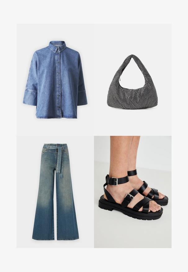 Camisa de mezclilla en azul claro con mangas largas, collar puntiagudo, botones en la parte delantera y un ajuste relajado. Hecha de material de mezclilla suave.; Pantalones de mezclilla de pierna ancha con un degradado de azul claro a oscuro, cintura alta, trabillas para cinturón y un cinturón de tela a juego. Acabado de mezclilla texturizada.; Sandalias de cuero negro con correas anchas y hebilla en el tobillo. Suela gruesa con un acabado texturizado. Diseño de punta abierta para mayor transpirabilidad.; Bolso negro con forma curva de hobo, tejido texturizado con tachuelas plateadas. Asa superior singular, cierre de cremallera y silueta suave.