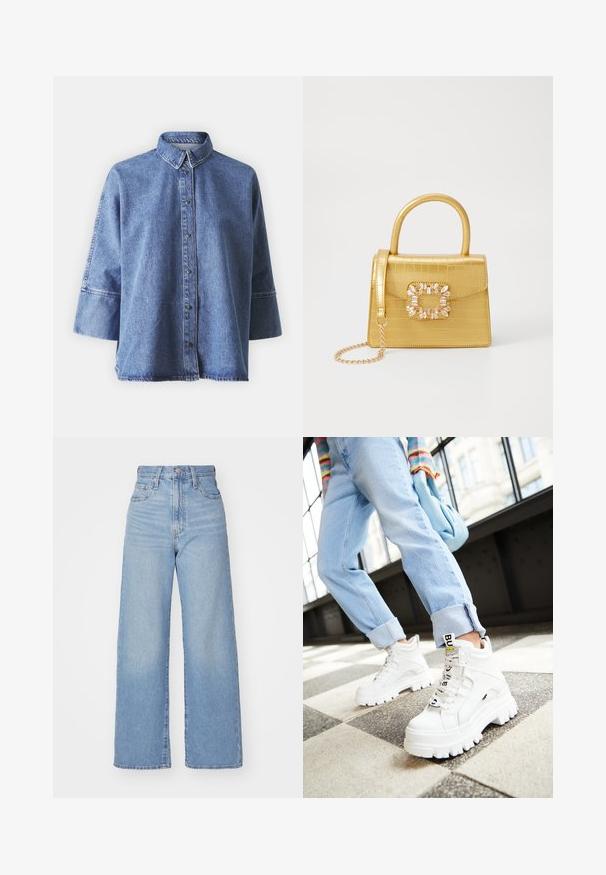 Lyseblå denimskjorte med lange ermer, spiss krage, knapper foran og en avslappet passform. Laget av myk denim.; Lys blå høytlivs vide jeans med knapp- og glidelås lukking foran, foran og bak lommer, på en hvit bakgrunn.; Hvite klumpete sneakers med tykke såler, snøring foran og merkeetikett. Bærer med lyseblå oppbrettede jeans på et mønstrete gulv.; Gul faux-krokodille veske med en strukturert design, toppen håndtak, avtagbar kjede stropp, og dekorativ krystallbortsettelse på låsen.
