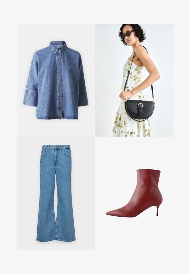 Világoskék farmering hosszú ujjakkal, hegyes gallérral, elöl gombokkal és laza fazonnal. Puha farmer anyagból készült.; Világoskék, trapézszárú farmernadrág, magas derékkal, öt zsebbel és egy gombos záródással. Puha tapintású, magasított effektusú anyag.; Piros bőr bokacsizma hegyes orral, szűk felsőrésszel és karcsú sarokkal. Simább textúra, elegáns dizájn és erős kontrasztú fekete talp.; Fekete bőrtáska ívelt formával, levehető pánttal és arany színű fémrészekkel. A táskán egy csattal díszített fedél található.