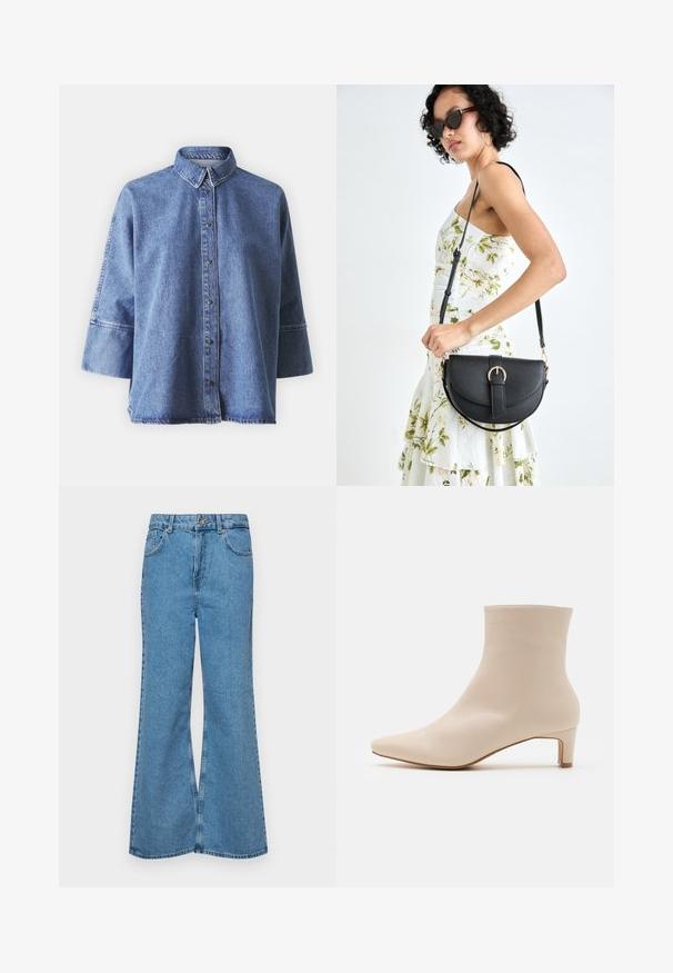 Camisa de denim azul claro com mangas longas, colarinho pontiagudo, botões à frente e um corte descontraído. Feita de material de denim suave.; Jeans de brim azuis claros, com corte à boca de sino, apresentando uma cintura alta, cinco bolsos e um fecho de botão único. Textura macia com acabamento desbotado.; RAID LYNSEY - Botas clássicas de cano curto - off white; Bolsa de couro preta com forma curva, alça destacável e detalhes em dourado. A bolsa possui uma aba com detalhe de fivela.