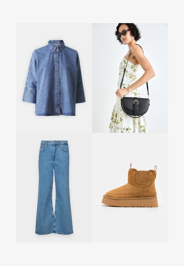 Denim shirt in light blue with long sleeves, pointed collar, front buttons, and a relaxed fit. Made of soft denim material.; Light blue flared jeans made of denim, featuring a high waist, five pockets, and a single button closure. Soft texture with faded finish.; Brown suede ankle boot with a textured upper, elastic side panels, and a thick rubber sole featuring a pronounced tread pattern.; Black leather handbag with a curved shape, detachable strap, and gold hardware. The bag features a flap with a buckle detail.