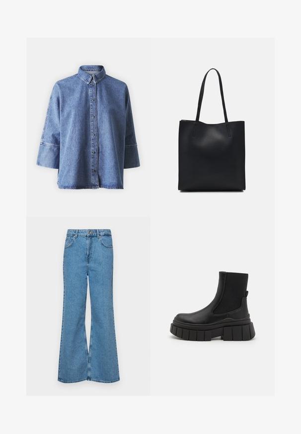 Denim srajca v svetlo modri barvi z dolgimi rokavi, koničastim ovratnikom, sprednjimi gumbi in sproščenim krojem. Narejena iz mehkega denim materiala.; Svetlo modri razširjeni džins hlače iz denima, z visokim pasom, petimi žepi in enim gumbom za zapiranje. Mehka tekstura z blagim zbledelim videzom.; Črne gležnjarje iz gladke usnje s elastikami na straneh, z masivnim podplatom in teksturiranim dizajnom podplata.; Črna usnjena torba s svilnato teksturo, pravokotne oblike in dvema dolgima ročajema. Brez vidnih metalnih delov ali okrasnih elementov.
