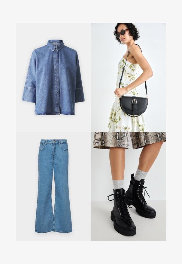 Világoskék farmering hosszú ujjakkal, hegyes gallérral, elöl gombokkal és laza fazonnal. Puha farmer anyagból készült.; Világoskék, trapézszárú farmernadrág, magas derékkal, öt zsebbel és egy gombos záródással. Puha tapintású, magasított effektusú anyag.; Steve Madden GUSTO - Platform bokacsizmák - black; Fekete bőrtáska ívelt formával, levehető pánttal és arany színű fémrészekkel. A táskán egy csattal díszített fedél található.