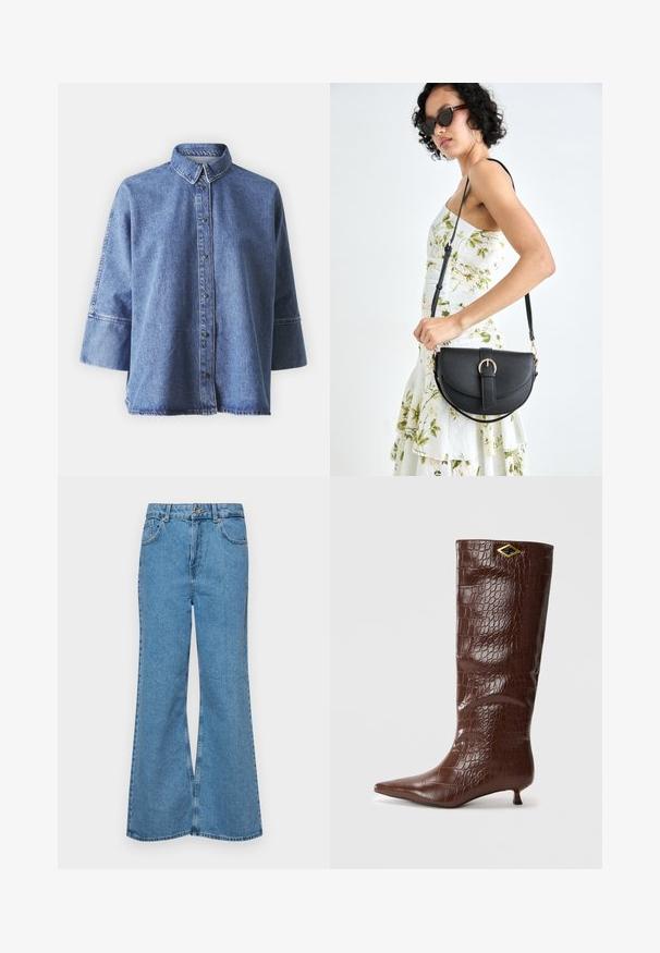 Denim shirt in light blue with long sleeves, pointed collar, front buttons, and a relaxed fit. Made of soft denim material.; Light blue flared jeans made of denim, featuring a high waist, five pockets, and a single button closure. Soft texture with faded finish.; Brown crocodile-patterned leather knee-high boots with a pointed toe and a small, square heel. Features a gold diamond-shaped accent.; Black leather handbag with a curved shape, detachable strap, and gold hardware. The bag features a flap with a buckle detail.