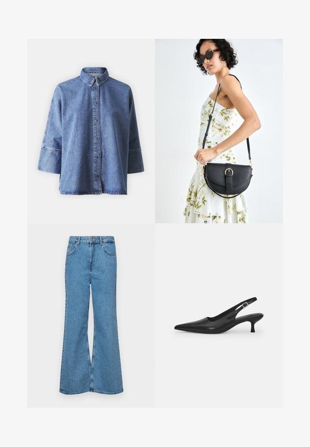 Hele sinine teksapusa pikka varrukatega, terava kraega, eesnuppudega ja vabalt istuv. Valmistatud pehmest teksakangast.; Heledad sinine flared teksade rõivad, millel on kõrge talje, viis taskut ja üks nupulukk. Pehme tekstuur ja pleekinud viimistlus.; Mustmustast musta nahast slingback king, millel on terav varvas ja kitsas, kumer konts. Omab diskreetset reguleeritavat rihma metallist pandlaga.; Mustmust mustraha kõverate joontega, eemaldatava rihmaga ja kuldsete detailidega. Kotil on klapp, millel on pandladetail.