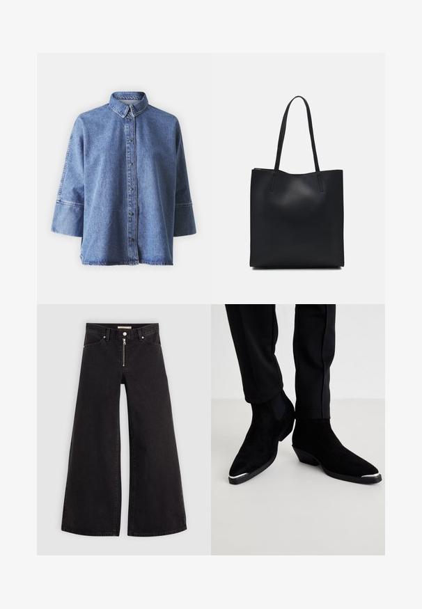 Denim shirt in light blue with long sleeves, pointed collar, front buttons, and a relaxed fit. Made of soft denim material.; Wide-leg jeans in black denim with a zippered front, five-pocket design, and subtle stitching details. Smooth texture and casual style.; Black suede ankle boots with pointed toes and a low heel. Features a silver toe cap and elastic side panels. Worn with black tapered pants.; Black leather tote bag with smooth texture, rectangular shape, and two long handles. No visible hardware or embellishments.