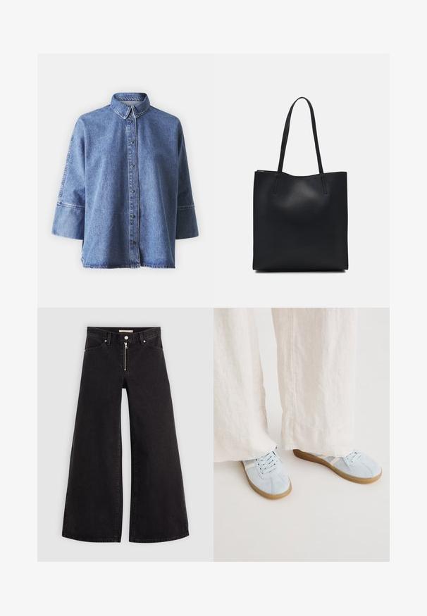 Denim shirt in light blue with long sleeves, pointed collar, front buttons, and a relaxed fit. Made of soft denim material.; Wide-leg jeans in black denim with a zippered front, five-pocket design, and subtle stitching details. Smooth texture and casual style.; Light blue suede sneakers with white accents, round toe, and flat gum sole, paired with cream-colored, wide linen pants.; Black leather tote bag with smooth texture, rectangular shape, and two long handles. No visible hardware or embellishments.