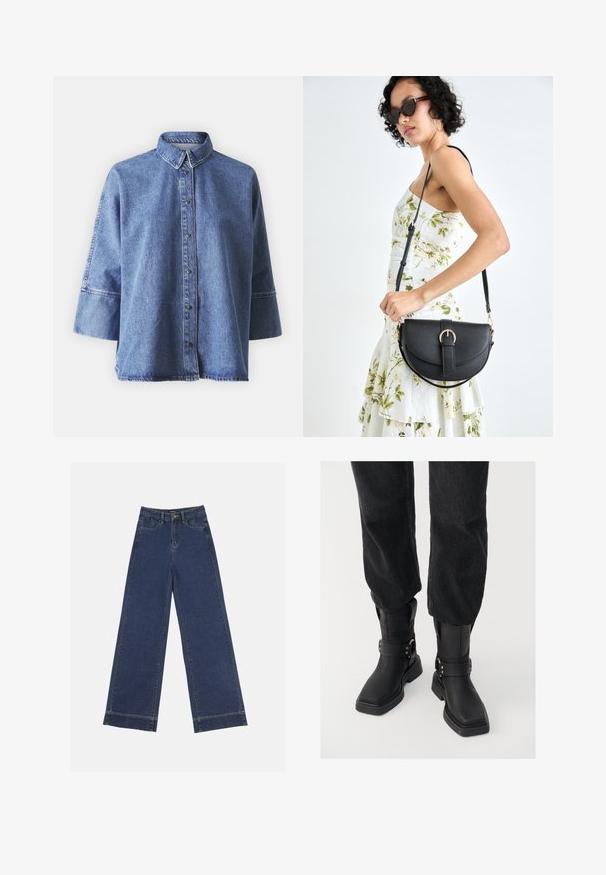 Jasnoniebieska koszula jeansowa z długimi rękawami, spiczastym kołnierzykiem, z przodu zapinana na guziki i o luźnym kroju. Wykonana z miękkiego denimu.; Jeans o szerokich nogawkach w ciemnoniebieskim dżinsie. Posiada pięć kieszeni, szlufki na pasek oraz surowy dół z widocznymi detalami szwów.; Czarne skórzane botki za kostkę z kwadratowym noskiem, z szerokim paskiem i metalowym zapięciem. Botki mają masywną podeszwę i gładką fakturę.; Czarna skórzana torebka o zakrzywionym kształcie, z odpinanym paskiem i złotymi akcentami. Torebka posiada klapę z zapięciem w kształcie klamry.