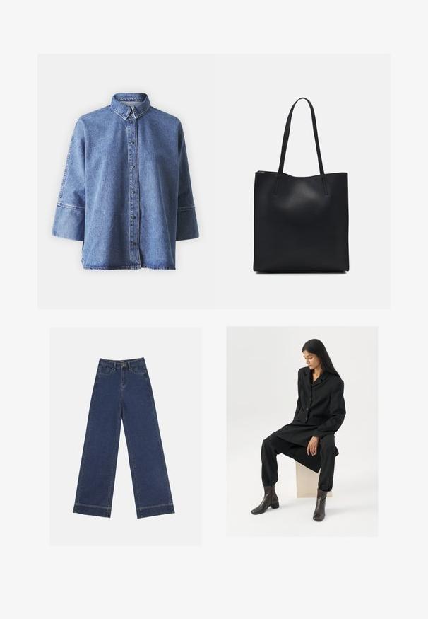 Jasnoniebieska koszula jeansowa z długimi rękawami, spiczastym kołnierzykiem, z przodu zapinana na guziki i o luźnym kroju. Wykonana z miękkiego denimu.; Jeans o szerokich nogawkach w ciemnoniebieskim dżinsie. Posiada pięć kieszeni, szlufki na pasek oraz surowy dół z widocznymi detalami szwów.; Czarny, dopasowany garnitur z marynarką i zwężającymi się spodniami, zestawiony z brązowymi botkami za kostkę. Gładka tekstura, minimalistyczny design, brak widocznych wzorów.; Czarna skórzana torba tote o gładkiej fakturze, prostokątnym kształcie i dwóch długich uchwytach. Brak widocznych elementów metalowych i ozdób.