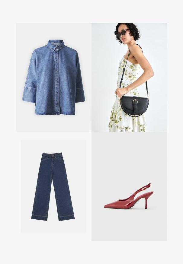 Hele sinine teksapusa pikka varrukatega, terava kraega, eesnuppudega ja vabalt istuv. Valmistatud pehmest teksakangast.; Laiad püksid tumedast sinisest denimist. Omab viit taskut, vöölõke ja toore äärega allosas, kus on nähtavad õmblused.; Kirkpunase patendi nahk kingad, millel on terav nina, kitsas stilettokand ja väike lõikeauk küljel. Sile tekstuur.; Mustmust mustraha kõverate joontega, eemaldatava rihmaga ja kuldsete detailidega. Kotil on klapp, millel on pandladetail.