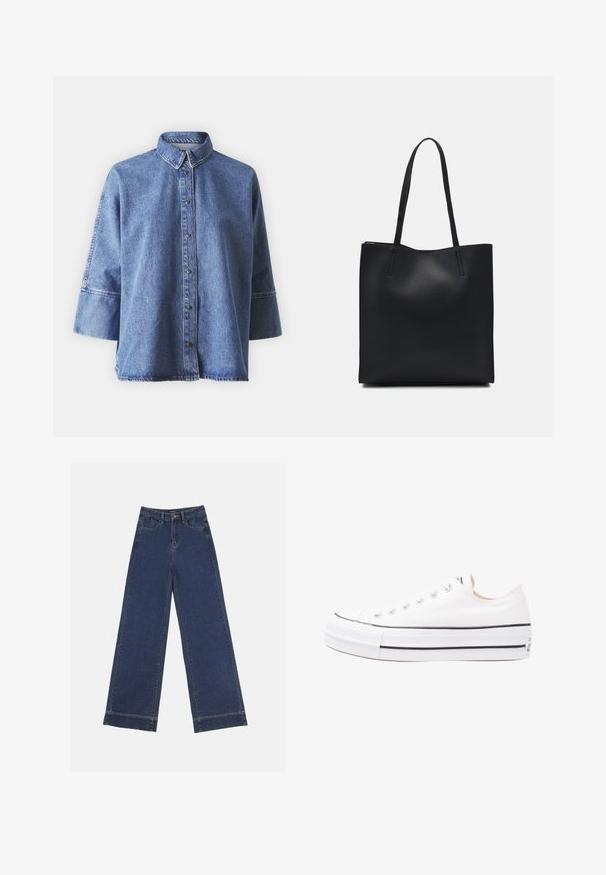 Traper košulja svijetlo plave boje s dugim rukavima, oštrim ovratnikom, prednjim gumbima i opuštenim krojem. Izrađena od mekog traper materijala.; Široke traperice u tamnoplavom denimu. Imaju pet džepova, petlje za pojas i siroki rub na dnu s vidljivim detaljima šavova.; Bijele platnene tenisice s gumenom petom, niskim dizajnom, crnim naglascima duž petne strane i okruglim vrhom. Imaju metalne rupice za vezivanje.; Crna kožna torba za nošenje s glatkom teksturom, pravokutnim oblikom i dvije duge ručke. Nema vidljivih metalnih dijelova ili ukrasa.