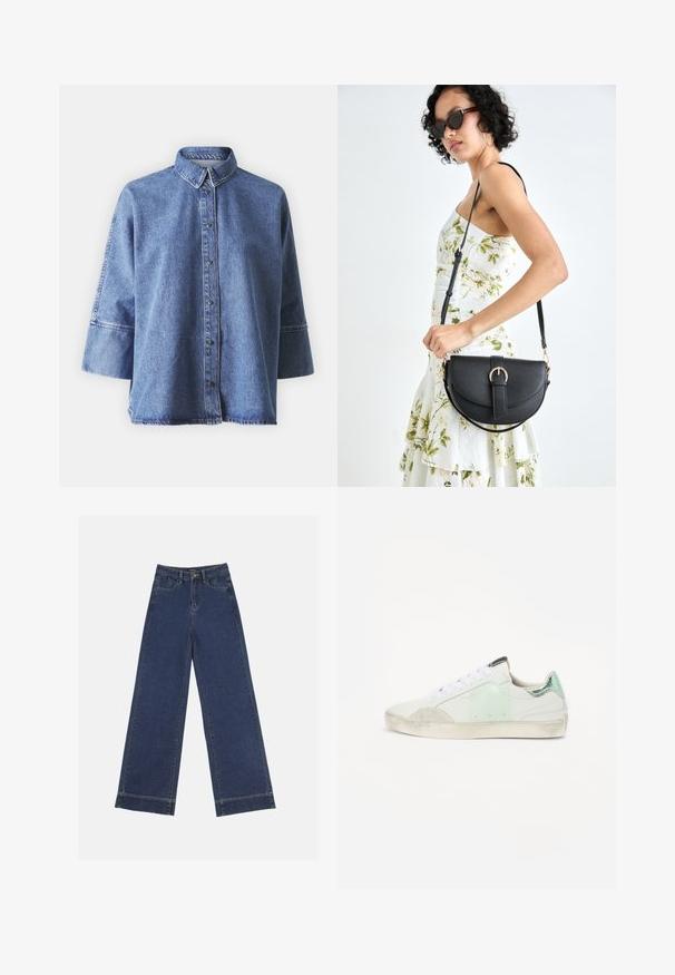 Denim shirt in light blue with long sleeves, pointed collar, front buttons, and a relaxed fit. Made of soft denim material.; Wide-leg jeans in dark blue denim. Features five pockets, belt loops, and a raw hem at the bottom with visible stitching details.; White sneakers with mint green and light gray accents, textured fabric, rubber sole, and white laces. Slightly worn look on the toe.; Black leather handbag with a curved shape, detachable strap, and gold hardware. The bag features a flap with a buckle detail.