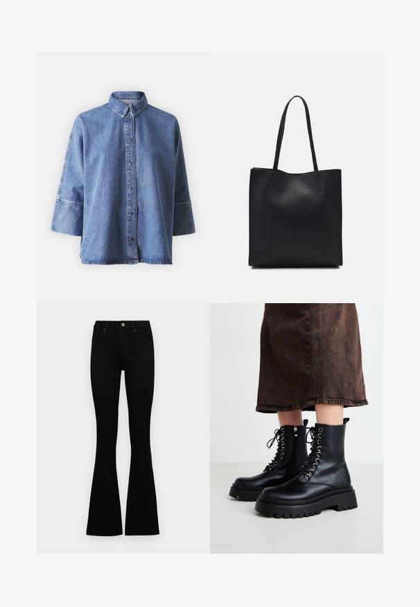Cămașă din denim în albastru deschis, cu mâneci lungi, guler ascuțit, nasturi în față și o croială lejeră. Fabricată din material denim moale.; Jeans negri cu talie înaltă, cu închidere prin nasture și fermoar, buzunare frontale și picioare evazate, așezați pe un fundal alb.; Bocanci de piele negri, la glezna, cu o talpă masivă, cu șiret la față și fermoar pe lateral. Au ochiuri argintii și o textură netedă.; Geantă tote neagră din piele, cu textură netedă, formă rectangulară și două mânere lungi. Fără hardware vizibil sau ornamente.
