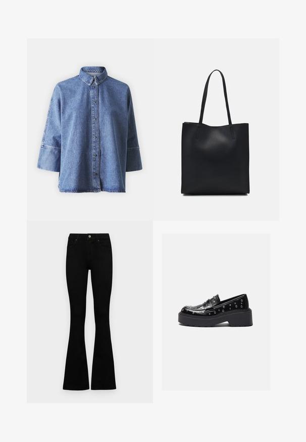 Jasnoniebieska koszula jeansowa z długimi rękawami, spiczastym kołnierzykiem, z przodu zapinana na guziki i o luźnym kroju. Wykonana z miękkiego denimu.; Czarne, wysokie dżinsy z guzikem i zamkiem błyskawicznym, z przednimi kieszeniami i rozszerzanymi nogawkami, leżące płasko na białym tle.; Czarne skórzane loafersy z srebrnymi ćwiekami, z grubą platformą i szerokim paskiem na wierzchu. Gładka tekstura, zaokrąglony kształt.; Czarna skórzana torba tote o gładkiej fakturze, prostokątnym kształcie i dwóch długich uchwytach. Brak widocznych elementów metalowych i ozdób.