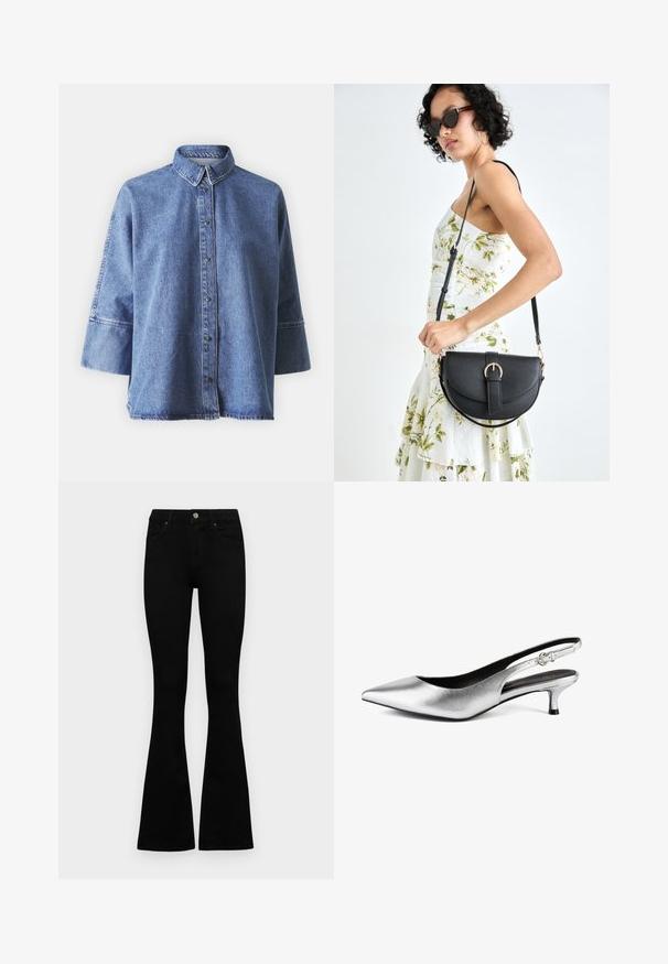 Hele sinine teksapusa pikka varrukatega, terava kraega, eesnuppudega ja vabalt istuv. Valmistatud pehmest teksakangast.; Mustad kõrge vöökohtadega teksad, millel on nööp ja lukuga sulgemine, esikäe taskud ja laienevad sääred, asetatud tasasele valgele taustale.; Hõbedane metallik slingback pump terava toe, madala kitten kontsa ja siledaga. Omab kitsast rihma väikese nuggets detailiga.; Mustmust mustraha kõverate joontega, eemaldatava rihmaga ja kuldsete detailidega. Kotil on klapp, millel on pandladetail.