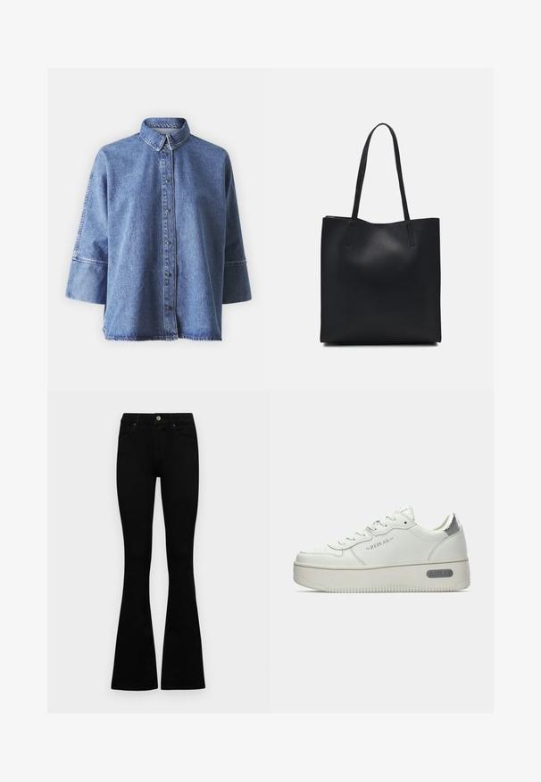 Camicia di denim di colore blu chiaro, con maniche lunghe, colletto a punta, bottoni frontali e vestibilità rilassata. Realizzata in morbido tessuto di denim.; Jeans neri a vita alta con chiusura a bottoni e zip, tasche frontali e gambali svasati, distesi su uno sfondo bianco.; Sneakers bianchi in pelle con suola testurizzata, caratterizzati da un tassello sul tallone in metallo silver e branding "REPLAY" sul lato. Design minimalista.; Borsa tote in pelle nera con texture liscia, forma rettangolare e due manici lunghi. Nessun hardware o decorazione visibile.