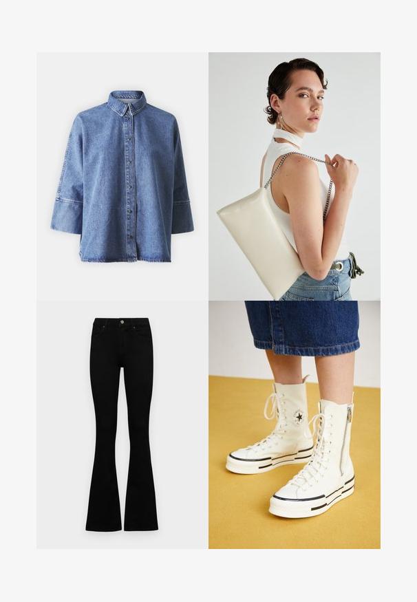 Šviesiai mėlyna džinsinė marškinė su ilgomis rankovėmis, smailiu apykakliu, priekiniais mygtukais ir laisvu siluetu. Pagaminta iš švelnaus džinsinio audinio.; Juodos aukšto liemens džinsai su mygtuku ir užtrauktuku, priekinėmis kišenėmis ir platėjančiomis kojomis, išdėstyti ant baltos fono.; Baltos aukštakulniai sportbačiai su užtrauktuku, raištelių dizainu ir juodais akcentais storame padu. Tekstūruota kanvo medžiaga.; Balta, stačiakampio formos rankinė pagaminta iš blizgaus medžiagos, su sidabriniu virvute. Modelis pozavo, demonstruodamas rankinę prieš paprastą foną.