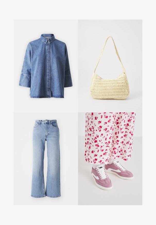 Lyseblå denimskjorte med lange ermer, spiss krage, knapper foran og en avslappet passform. Laget av myk denim.; Lyseblå høyt liv vide jeans med front- og baklommer, knappelukking og subtile falminger på lårene og kanten.; Rosa semskesko med hvite detaljer, med rund tå, snøring foran og en teksturert gummisåle, kombinert med en blomsterprøvd kjole.; Vevd beige skulderveske med en buet form og lang, flette stropp. Har en teksturert overflate og en glidelås stenging på siden.