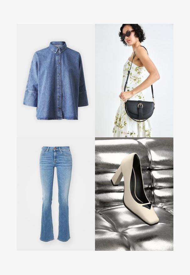 Lyseblå denimskjorte med lange ermer, spiss krage, knapper foran og en avslappet passform. Laget av myk denim.; Lys blå, utsvingte jeans med en falmet tekstur, med fem lommer, beltehanker og bronseknappdetaljer i midjen.; Kremfarget lærhøyskoinn med firkantet tå, med en svart trekantet aksent og en chunky hæl på en metallisk sølvoverflate.; Svart lærveske med en buet form, avtagbar stropp og gullbeslag. Vesken har et klaff med spenne-detall.