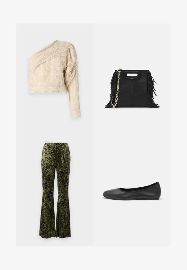 Kratka jakna kremaste teksture s dijagonalnim izrezom, napučenim rukavima i tkanim uzorkom lišća, s rebrastim rubom.; Diane von Furstenberg RUTHETTE PANTS - Hlače - green; Crne kožne baletanke s zaobljenim vrhom, glatke teksture, minimalnim detaljima šavova i fleksibilnim dizajnom potplata.; Crna kožna torba s resicama, zlatnim lančićem za rame i rukohvatom u obliku izreza. Sadrži logo na prednjoj strani.