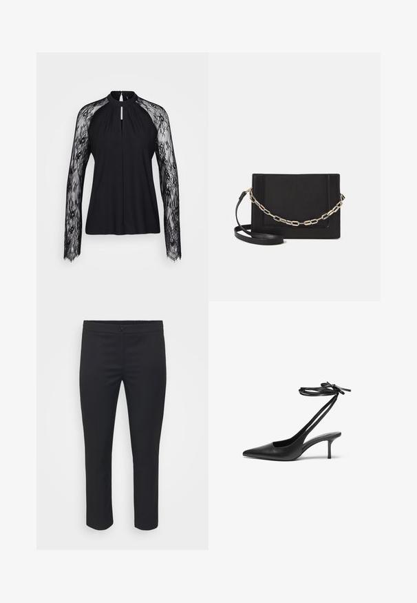 Čierna blúzka s dlhými čipkovými rukávmi, vysokým výstrihom a detailom v tvare kľúčovej dierky vpredu. Hladká látka tela kontrastuje s precíznou čipkovou textúrou.; čierne na mieru šité nohavice s hladkou textúrou, stredne vysokým pásom a skrátenou dĺžkou. Obsahujú predné zapínanie na gombík a čisté línie.; Čierne kožené stiletto topánky s špicatou špičkou, otvorenou zadnou časťou a remienkami na členku viazanými do mašle. Úzky 3-palcový opätok. Hladká textura, minimalistický dizajn.; Čierna kožená crossbody taška s hladkou textúrou, obdĺžnikovým tvarom a kovovým reťazovým detailom na prednej strane. Súčasťou je nastaviteľný popruh.; Strieborné kruhové náušnice s hladkým, okrúhlym dizajnom a lesklým povrchom. Sú tenké a ľahké, s jednoduchým uzáverom.