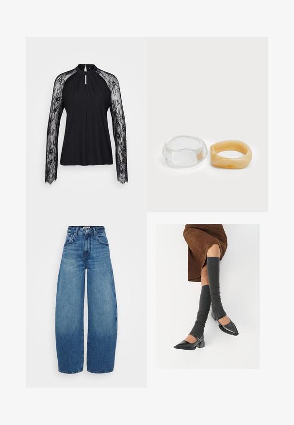Črna bluzica z dolgimi čipkastimi rokavi, visokim ovratnikom in odprtino na sprednji strani. Gladka tkanina telesa kontrastira z zapleteno čipkastjo teksturo.; Široke jeans hlače iz modrega denima z visokim pasom, s prelivom barve od svetle do temne, sprednjimi žepi in gumbnim zapiranjem.; Črne lakirane čevlje s pointy prsti in blok peto ter z naramnicami za gleženj, ki jih kombiniramo s sivimi rebrastimi nogavicami in rjavim suknjičem iz usnja.; Jasni in jantarni smolnati prstani, en je gladek in prozoren, drugi pa s teksturiranim jantarjem. Obe imata zaobljene, debele oblike.
