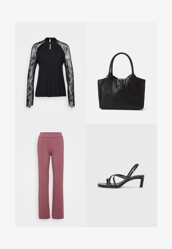Melnā blūze ar garām mežģīņu piedurknēm, augstu kakla izgriezumu un atslēgas caurumu priekšpusē. Gludā ķermeņa auduma tekstūra kontrastē ar sarežģīto mežģīņu rakstu.; Gaiša mauve krāsas taisno kāju bikses ar elastīgu jostu. Izgatavotas no mīksta materiāla, ar vertikālām šuvēm, kas nodrošina elegantu izskatu.; Melnas strappy sandales ar kvadrātveida purngaliem un zemu bloku papēdi. Ievērojamas ar vairākiem plāniem siksniņām un regulējamu potītes siksniņu. Izgatavotas no gludas ādas.; Melnas ādas somiņa ar gludu tekstūru, strukturētu formu, divām rokturām un izteiktu sudraba sprādzi priekšpusē.; Sudraba divu joslu gredzens ar gludu, pulētu virsmu. Iezīmējas ar plūstošu, izliekta dizaina struktūru ar pārklājošām sekcijām modernam izskatam.