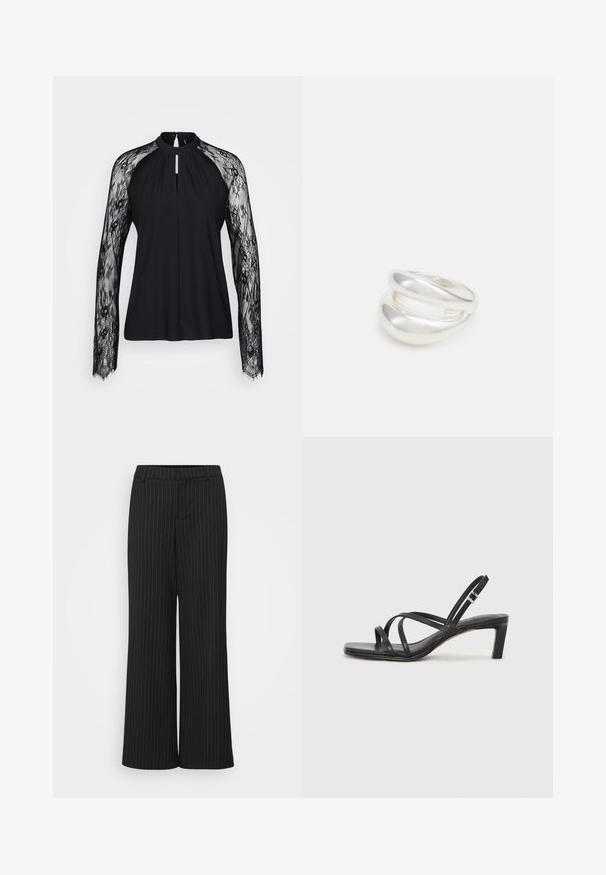 Black blouse with long lace sleeves, high neckline, and keyhole detail at the front. Smooth body fabric contrasts with intricate lace texture.; Black wide-leg trousers with white pinstripes, made of smooth fabric, featuring a flat waistband and tailored design for a structured fit.; Black strappy sandal with a square toe and a low block heel. Features multiple thin straps and an adjustable ankle strap. Made of smooth leather.; Silver double-band ring with a smooth, polished surface. Features a fluid, curved design with overlapping sections for a modern look.