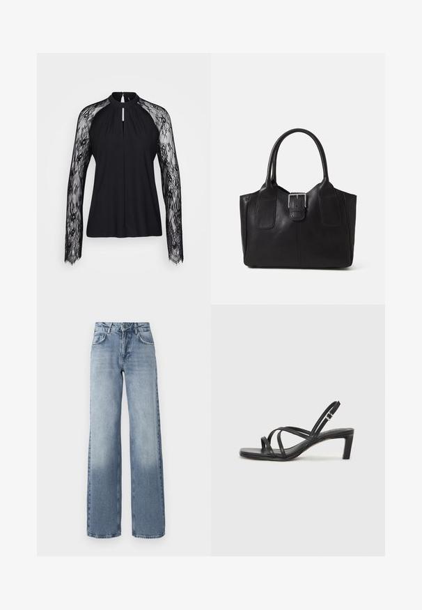 Juoda palaidinė su ilgomis nėrinių rankovėmis, aukštu kaklu ir atidarymu priekyje. Lygus audinys kontrastuoja su sudėtinga nėrinių tekstūra.; Plati blau džinsai su lengvu plovimu, užtrauktuko uždarymu, penkių kišenių dizainu ir subtiliu išblukimu šalia kulkšnies.; Juodi šlepetės su kvadratiniu pirštu ir žemu bloku kulnu. Yra keli ploni dirželiai ir reguliuojamas kulkšnies diržas. Pagaminti iš lygios odos.; Juodas odinis nešiojamas krepšys su lygiu paviršiumi, struktūrine forma, dviem rankenėlėmis ir ryškiu sidabriniu sagties akcentu priekyje.; Sidabrinis dvigubas žiedas su lygiu, poliruotu paviršiumi. Pasižymi sklandžiu, kreiptu dizainu su persipinančiomis dalimis, suteikiančiomis modernų išvaizdą.