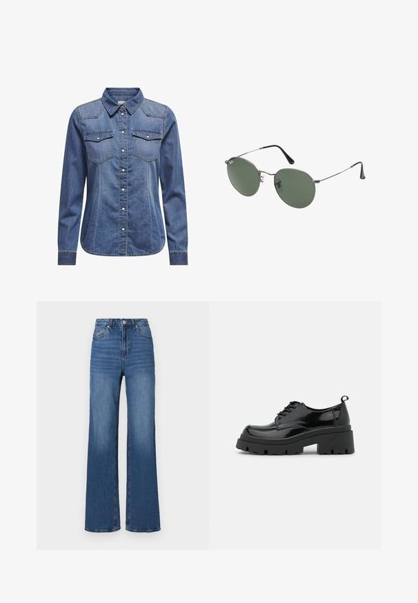 Denimskjorte i mørkeblå, med krage, lange ermer, doble brystlommer og kontraststing detaljer.; Høyt liv, vide ben blå jeans laget av denim, med en klassisk fem-lomme design og subtile falminger langs bena.; Sorte lakk lær sko med en kraftig plattformsåle og tykke snører. Avrundet tå, minimal detaljering, og en liten hæltab bak.; Metallinnrammede solbriller med ovale grønne linser. Tynn sølvfarget metallramme og svarte øreplugger. Minimalistisk design, ingen synlige logoer.