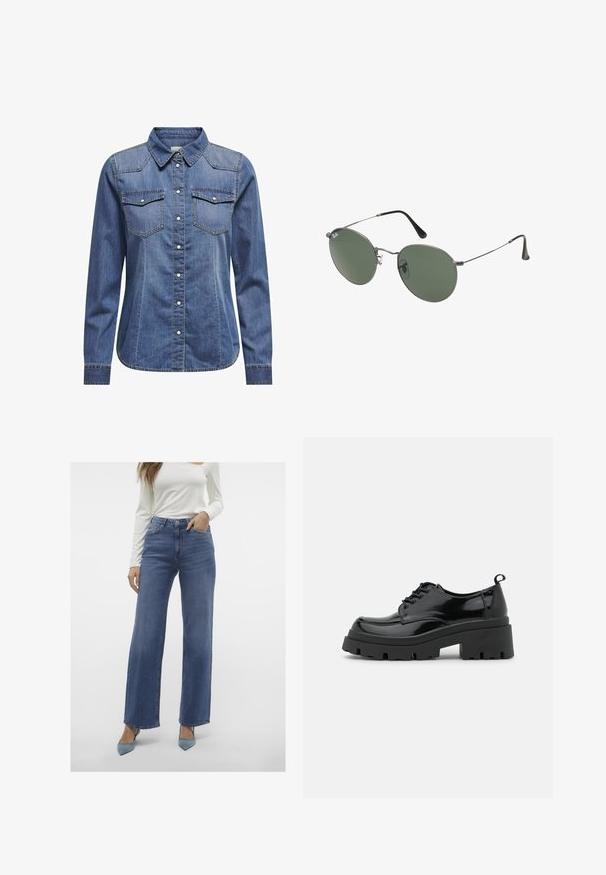 Cămașă din denim de culoare albastru închis, cu guler, mâneci lungi, două buzunare pe piept și detalii de cusătură contrastante.; Jeans de culoare albastru deschis, cu talie înaltă și croială largă, având un design cu cinci buzunare, închidere cu nasture și paspoale pentru curea, asortați cu un top alb ajustat cu mâneci lungi.; Pantofi din piele lacuită neagră cu o talpă platformă masivă și șireturi groase. Vârf rotunjit, detalii minime și o mică bucată de suport la spate.; Ochelari de soare cu ramă metalică, dotati cu lentile ovale verzi. Ramă subțire din metal argintiu și ușițe negre. Design minimalist, fără logo-uri vizibile.