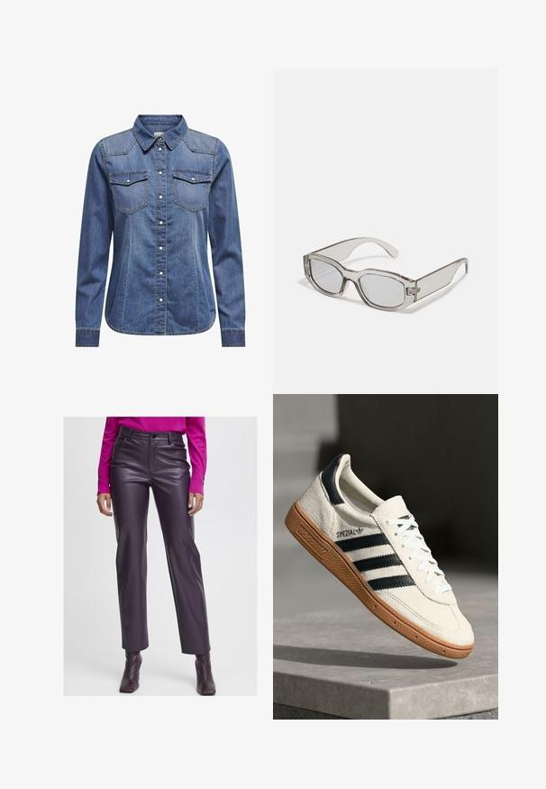 Denim srajca v temno modri barvi, z ovratnikom, dolgimi rokavi, dvema žepoma na prsih in kontrastnimi šivi.; Lila umetni usnjeni hlače z visokim pasom, gladke teksture, ravnega kroja in sprednjimi žepi. Ujemajo se z roza dolgem rokavu.; Bela nubuk superga s športnimi trakovi v temno modri barvi, gumijastim podplatom, strukturirano zgornjo plastjo, okroglim nosom in vezalkami; vsebuje blagovno znamko na strani in jeziku.; Sive prozorne sončne naočale pravokotne oblike, s ploščatimi lečami in debelimi nogicami. Imajo subtilen detajl tečaja na templjih.